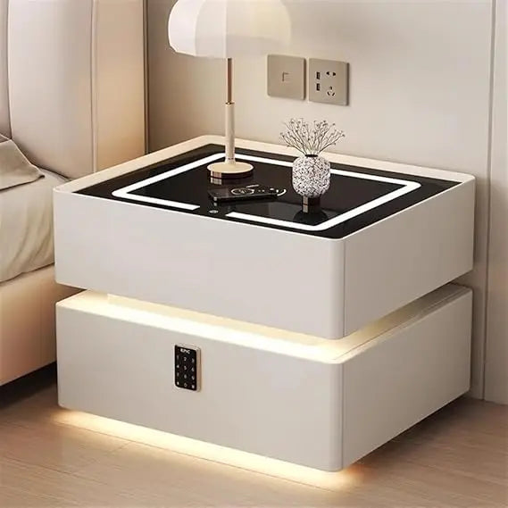 3 Colors LED Lights Night Stand Smart Nightstand with Wireless Charging Bedside Table with 2 Drawers Nightstand