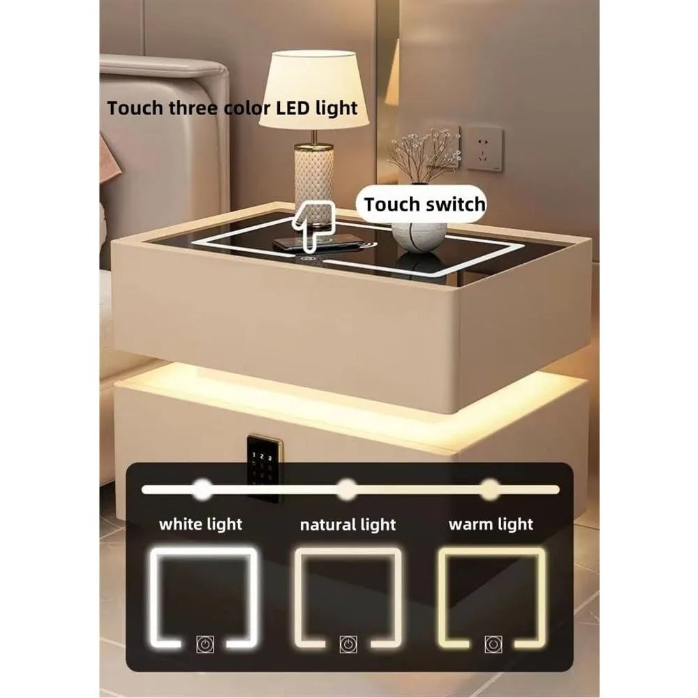 3 Colors LED Lights Night Stand Smart Nightstand with Wireless Charging Bedside Table with 2 Drawers Nightstand